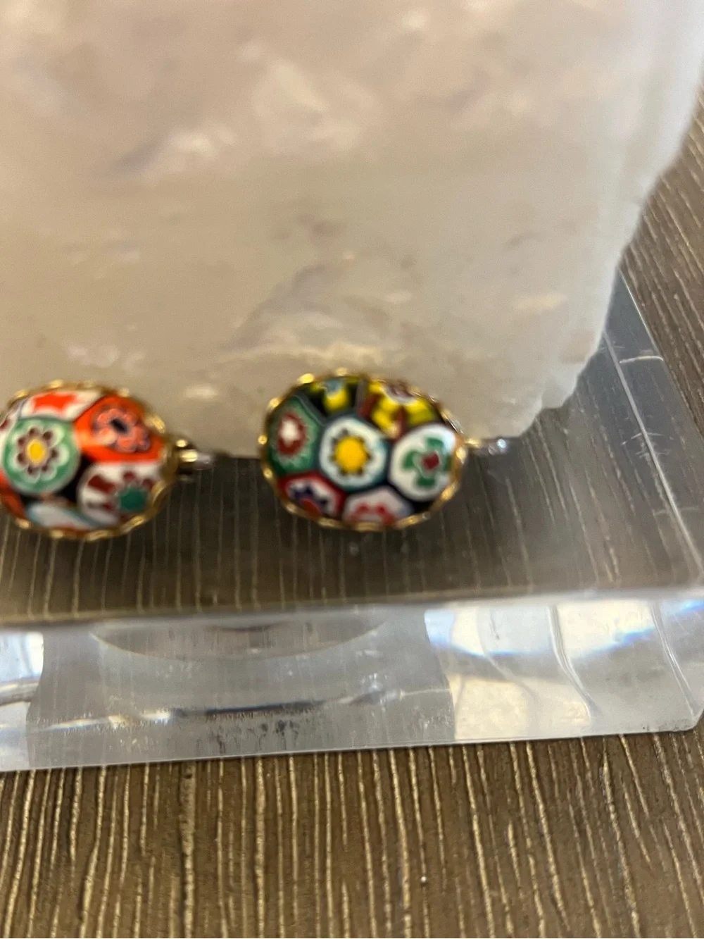 Vintage Multicolor Millefiori Floral Oval Clip-On Earrings